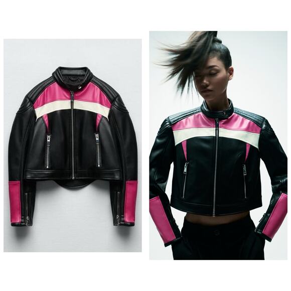 Zara Black Pink Motorcycle Biker Jacket Size Large Vegan Leather Grunge Gothic - Picture 1 of 12